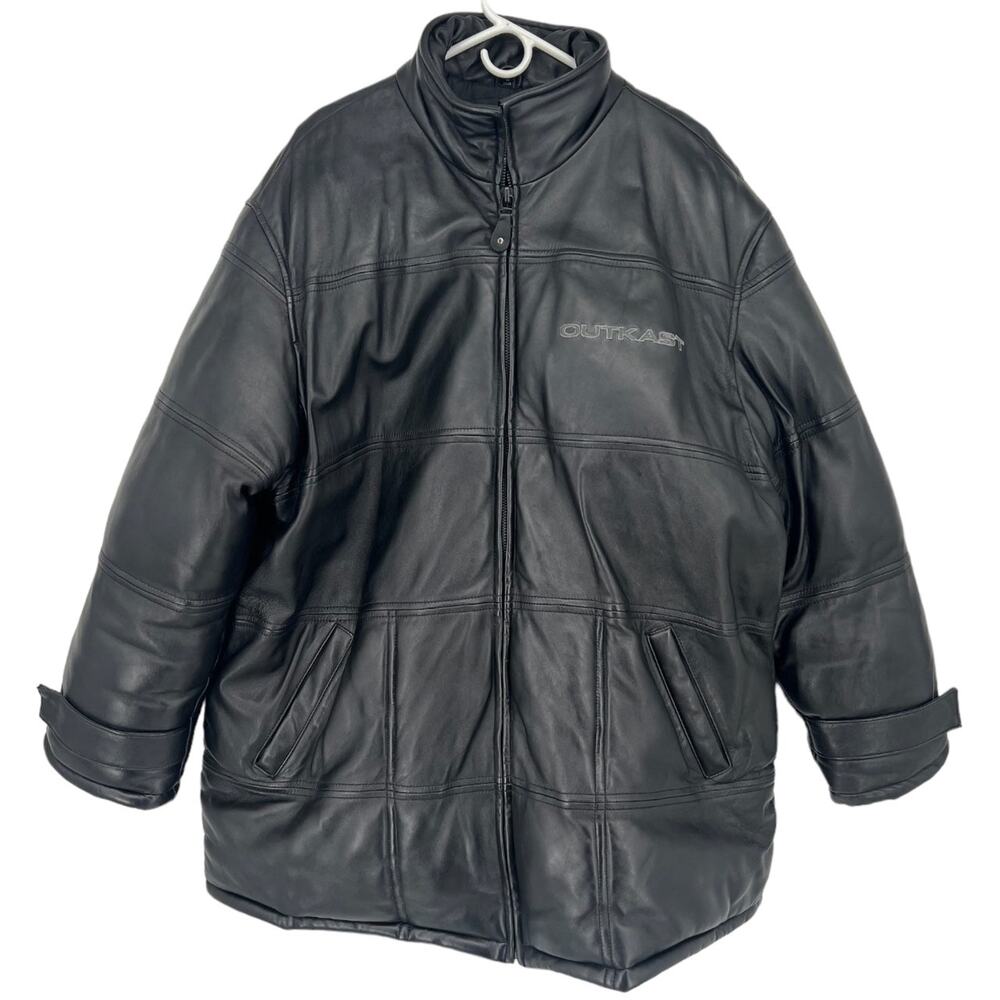 Vintage 90s Y2K Outkast Black Leather Puffer Jacket Men’s XXL